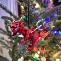 Devil's Cookout Funny Christmas Ornament with The Devil Cooking a Hot Dog