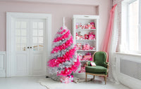 SALE - Pink and Silver Swirl Colored Artificial Christmas / Valentines Day Artificial Tree. With White LED Lights