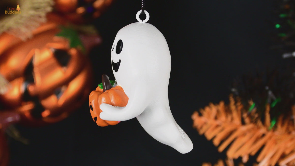 Cute Friendly Ghost with Pumpkin Halloween Ornament| Tree Buddees