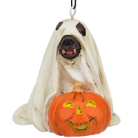 Cute Dog Dressed As Ghost with Pumpkin Halloween Ornament