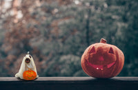 Cute Dog Dressed As Ghost with Pumpkin Halloween Ornament