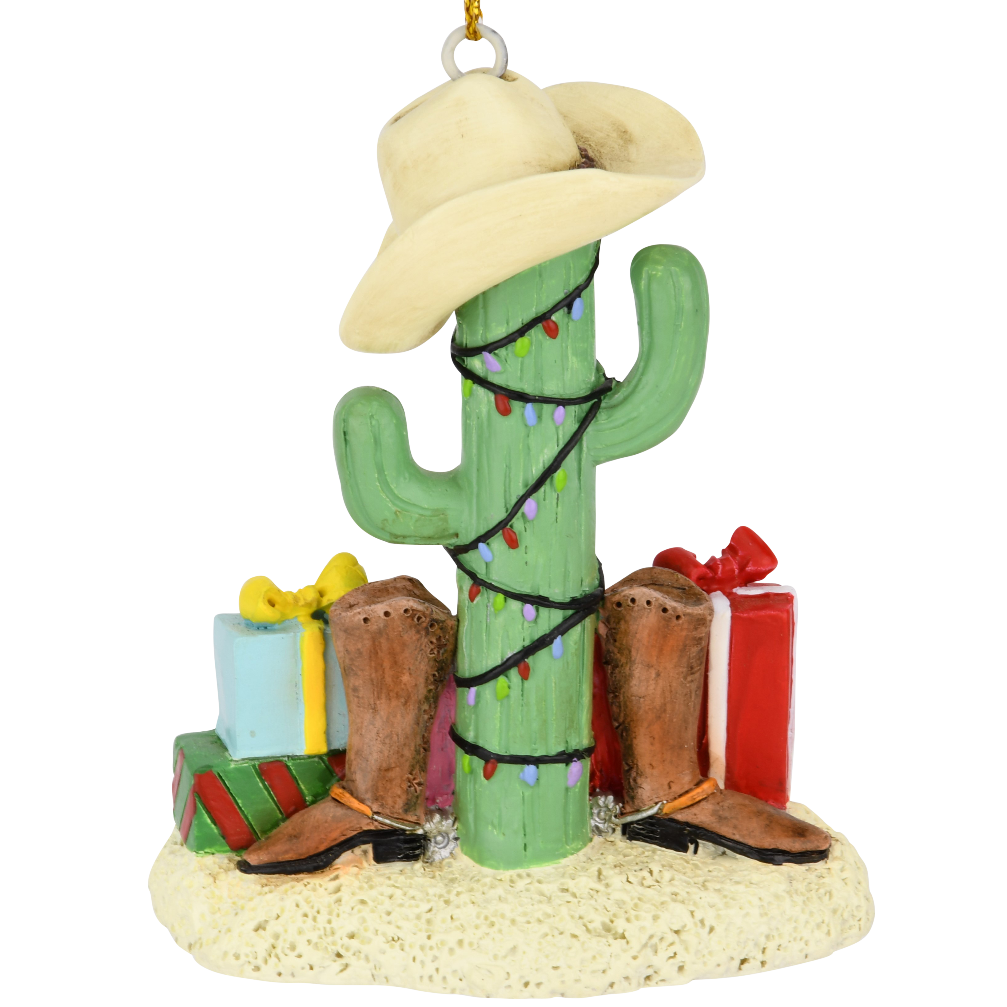 Cactus Christmas Tree with Cowboy Boots Cowboy Hats and Presents Ornament