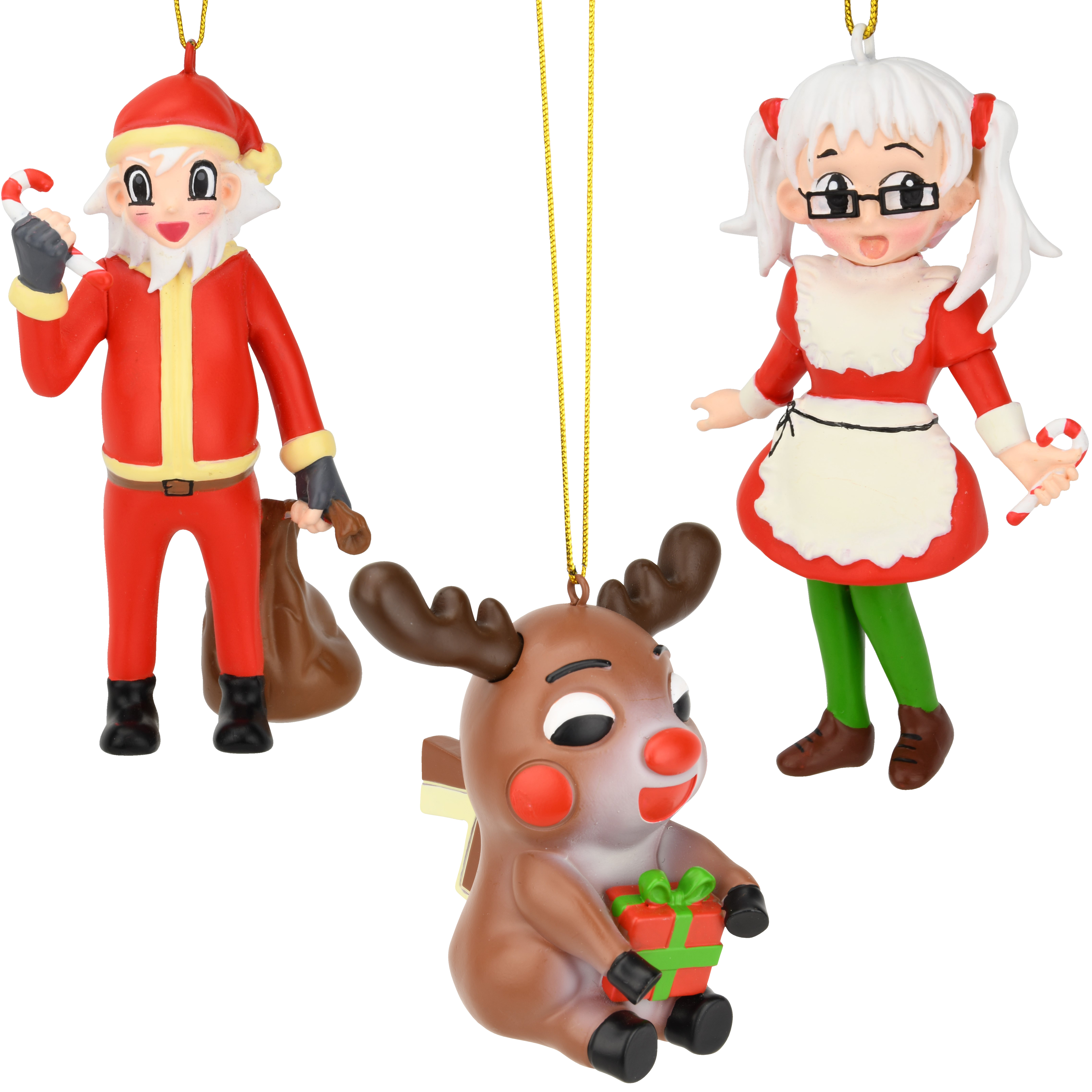 Anime Christmas Ornament Collection 3 Pack - Santa, Mrs. Claus & Reindeer Cartoon Character Holiday Decor
