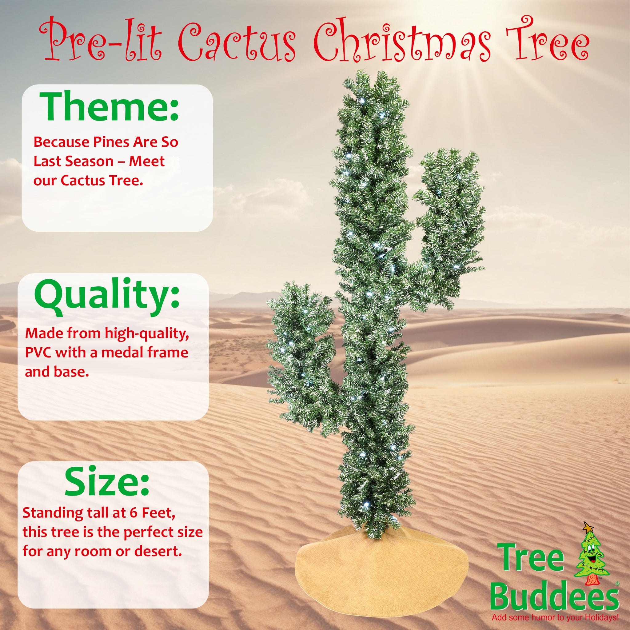 Tree Buddees Pre-lit LED Lights Cactus Christmas Tree 6 Foot Tall (Whi| Tree  Buddees