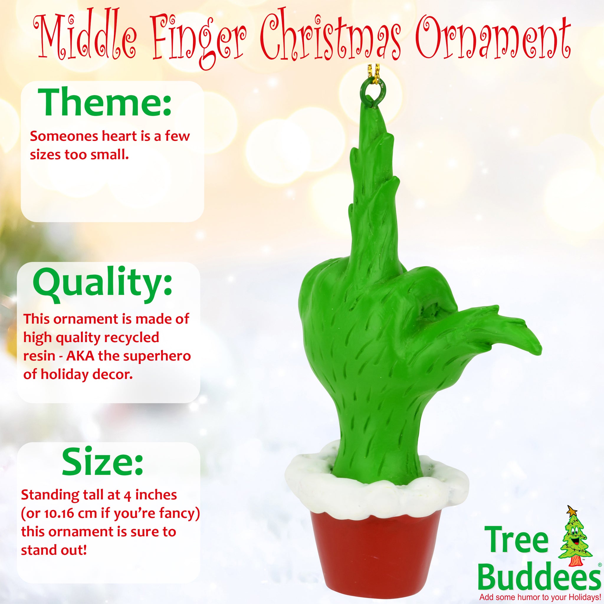 Green Hand Giving the Middle Finger Naughty Christmas Ornament| Tree Buddees