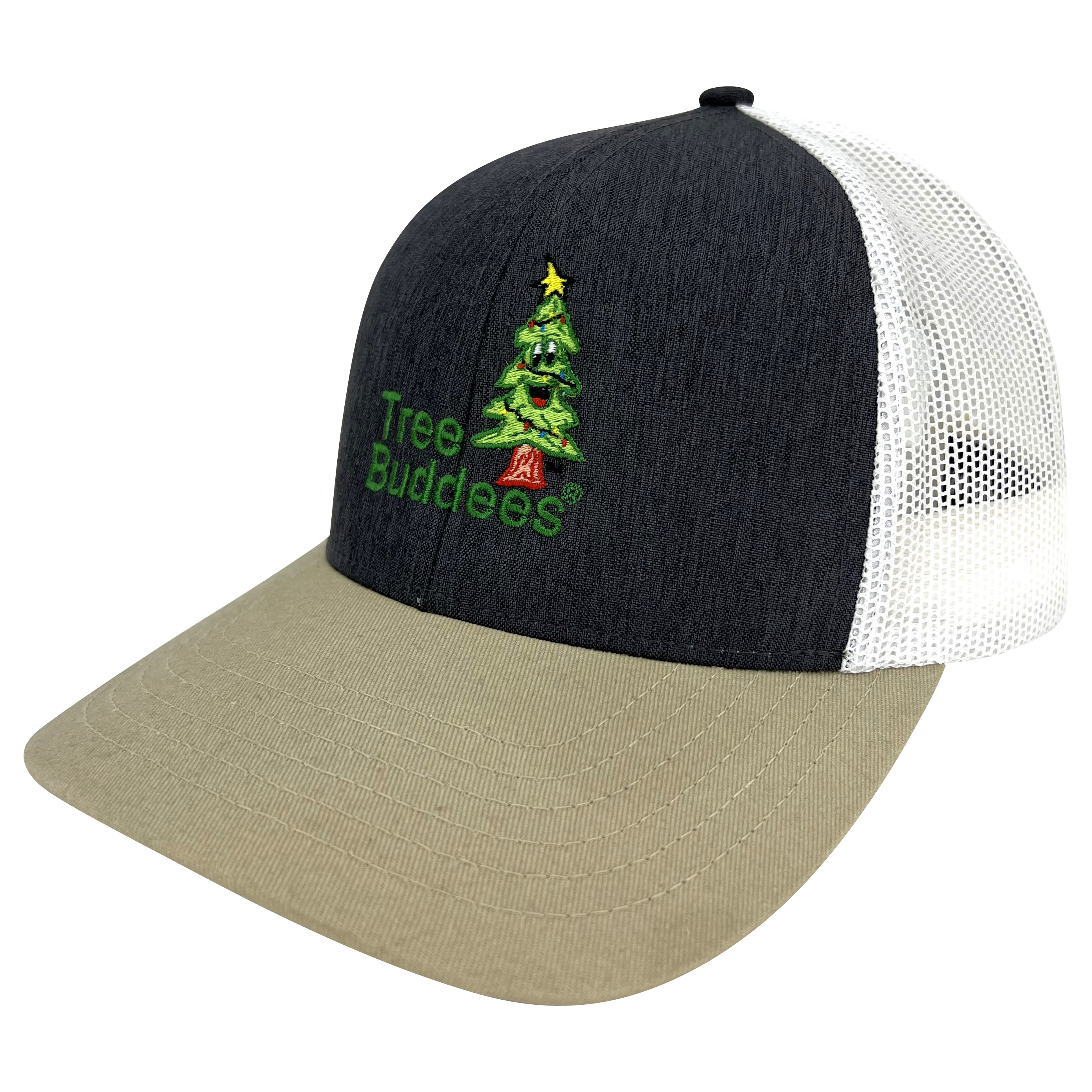 Tree Buddees Embroidered Mesh Snapback Hat - Khaki & Grey